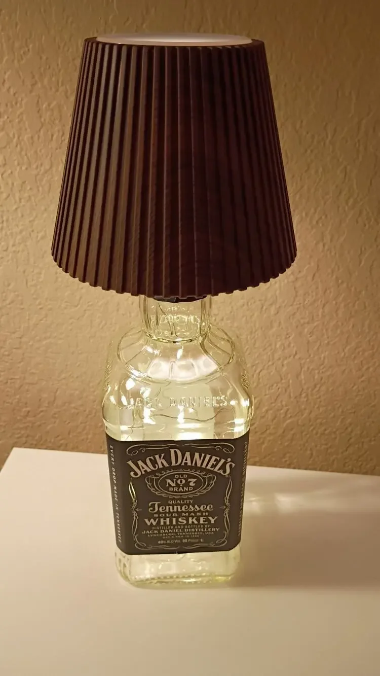 Jack Daniel's Glass Bottle Table Lamp with Brown Cone Shade, Rechargeable